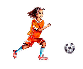 Fototapeta na wymiar Painted watercolor illustration.Children's sport.Children play soccer.A boy soccer player in an orange uniform with a number runs for the ball.Isolated on a white background.