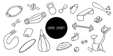 Simple icons of sports goods and accessories. Fitness at home, home workout. Hand drawn vector illustration