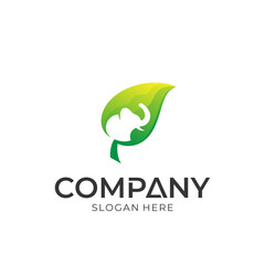 Obraz premium Logo vector of leaf with elephant. Green logo style. Logotype for template. Animal mascot. Nature environment icon.