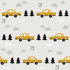 Seamless pattern with cars, fir trees, hand drawn overlapping backdrop. Colorful background vector. Illustration with automobiles. Decorative wallpaper, good for printing