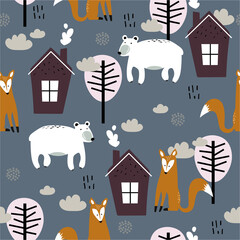 Seamless pattern, bears, foxes, houses and trees, hand drawn overlapping backdrop. Colorful background vector. Illustration with animals, forest. Decorative wallpaper, good for printing