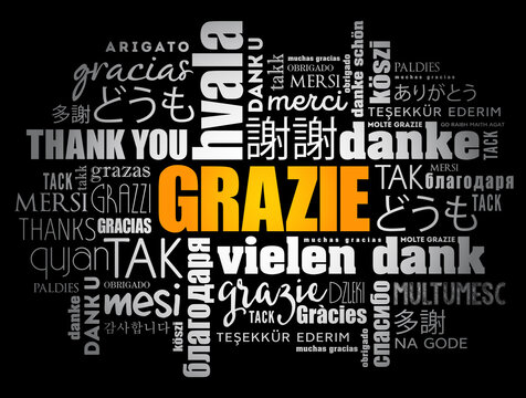 Grazie (Thank You in Italian) word cloud background in different languages