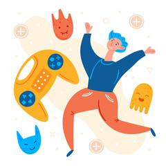 Video game characters. Man player jumping with joystick. Positive mood. Emoji with different faces.  Flying elements. Computer game, stream, blog, vlog. 
Flat hand drawn vector set, clip art.