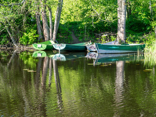 lake shore with trees and green grass, bright spring morning by the water, boats and tree reflections in the water