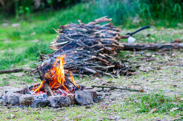 Small campfire with flames beside a lake with wood pile on the side.