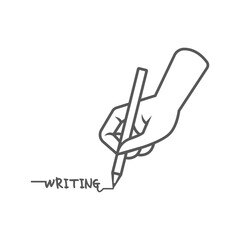 Vector outline illustration of hand with pencil writing word writing