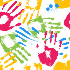 Seamless pattern with colorful handprints. Vector illustration.