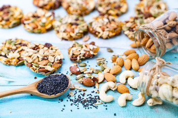 Multigrain Cookies and vegetarian ingredient with milk on blue wooden table