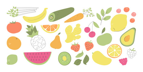 Set of fruits, vegetables, and berries. Collection of food in flat style. Hand drawn doodle objects on white. Whimsical pineapple, orange, avocado, watermelon, and other fresh fruits.