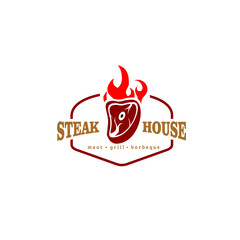 Restaurant or eatery logo in red geometric frame with text, red meat and flame isolated on white background perfect for steak restaurant identity and logo