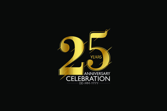 25 year minimalist logo years, jubilee, greeting card. Birthday invitation. Sign Gold space vector illustration on black background - Vector
