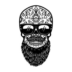 Illustration of bearded mexican sugar skull in sunglasses. Design element for poster, card, banner, logo, label, sign, badje, t shirt. Vector illustration