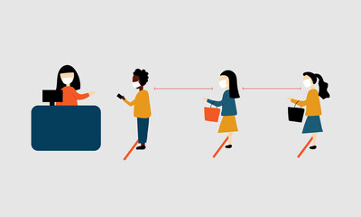 vector illustration of business people .
Physical distancing Concept. Keep at least two metres away from other people to protect yourself from coronavirus at counter service.
