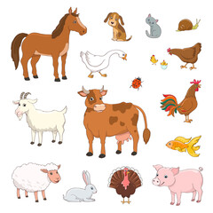 set of cartoon farm animals and poultry on white