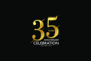 35 year minimalist logo years, jubilee, greeting card. Birthday invitation. Sign Gold space vector illustration on black background - Vector