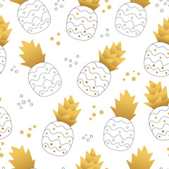 Modèle sans couture de vecteur avec des ananas. Fruits mignons dessinés à la main avec des feuilles d& 39 or. Arrière-plan sans fin avec des ananas fantaisistes sur blanc. Conception mignonne d& 39 impression ou de papier peint.