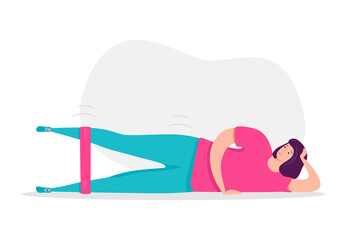 Woman exercising with a resistance band. Woman laying on her side and doing leg press. Glutes workout with a resistance loop. Lady working on her leg muscles. Vector illustration on fitness.
