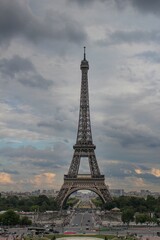 Beautiful, dark, calm photo of the Eiffel Tower taken at sunset 
