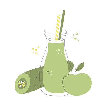 Fresh green smoothie in a bottle. Glass jar with two straws. Juice made of cucumber and apple. Detox summer drink in doodle style. Whimsical food illustration. 
