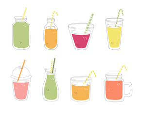Set of glasses with juice. Hand drawn cups with fresh smoothie. Collection of summer drinks in doodle style. Colourful glasses, cups and bottles isolated on white.