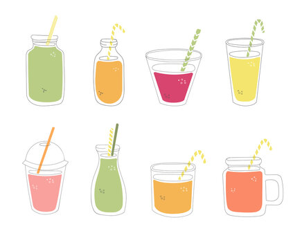 Set of glasses with juice. Hand drawn cups with fresh smoothie. Collection of summer drinks in doodle style. Colourful glasses, cups and bottles isolated on white.
