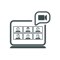 Video conference icon. People on computer screen. Home office in quarantine times. Digital communication. Internet teaching media.