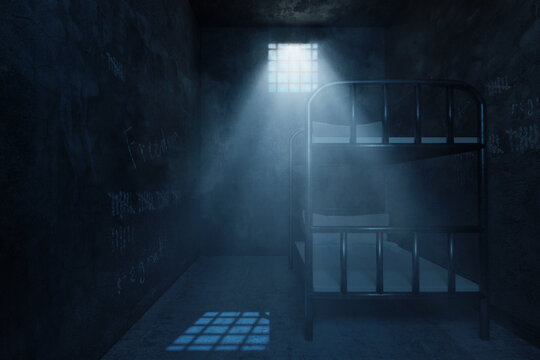 3d rendering of grunge prison cell with bunk bed and light ray of window at night