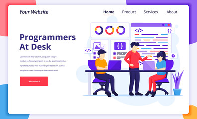 Programmers at work concept, People work on laptop programming and coding. Modern flat web page design for website and mobile website. Vector illustration