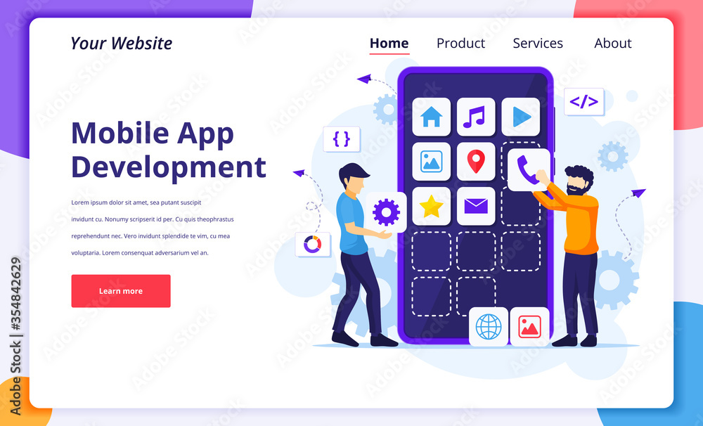 Poster mobile app development concept, people building and create software application on a giant smartphon