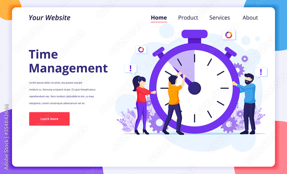 Aufkleber time management concept, people trying to stop time on a giant clock. modern flat web page design fo