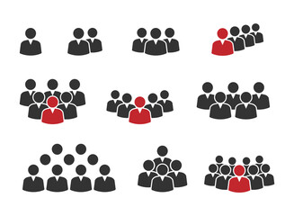 people group icon set, working group team with leader, teambuilding signs