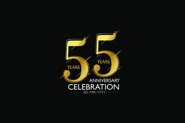 55 year minimalist logo years, jubilee, greeting card. Birthday invitation. Sign Gold space vector illustration on black background - Vector
