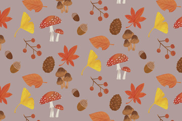 秋 もみじ きのこ イチョウ ドングリ 松ぼっくり 葉っぱ イラスト セット Wall Mural トワトワ