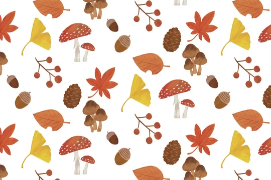 秋 背景 イラスト パターン 紅葉 イチョウ どんぐり 松ぼっくり きのこ 葉っぱ 白背景 Stock Vector Adobe Stock