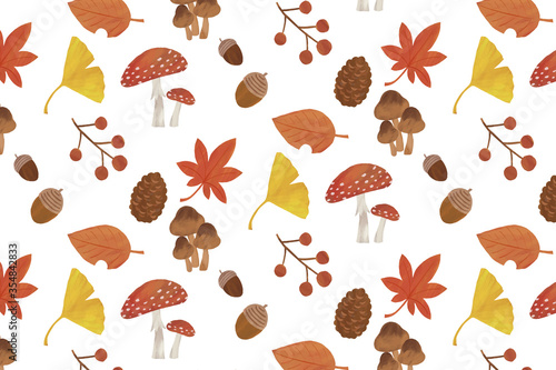 秋 背景 イラスト パターン 紅葉 イチョウ どんぐり 松ぼっくり きのこ 葉っぱ 白背景 Wall Mural トワトワ