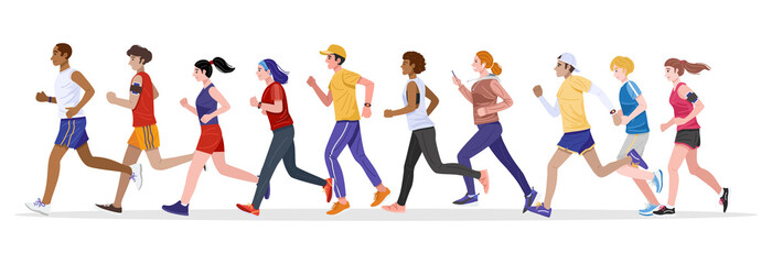 Flat design style. Group of healthy young men and women jogging together. Vector