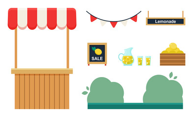 Set of lemonade stand with lemons and decorative objects. Flat cartoon vector illustration isolated on white background.