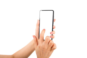 Woman hand holding black mobile phone isolated on white
