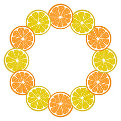 Round frame with sliced pieces of citrus fruit on white background. Bright wreath of cut orange and lemon. Decoration for text. Vector illustration. Great for designs of banners, menus, packaging.