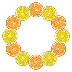 Round frame with sliced pieces of citrus fruit on white background. Bright wreath of cut orange and lemon. Decoration for text. Vector illustration. Great for designs of banners, menus, packaging.