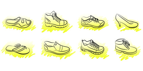 vector set of shoes, slippers, women's and men's shoes, boots, sneakers, trainers