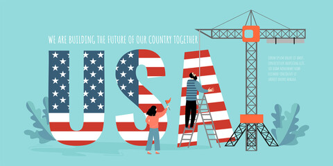 Conceptual image with people building USA letters with a tower crane. Symbol of people's participation in the economic development of the country