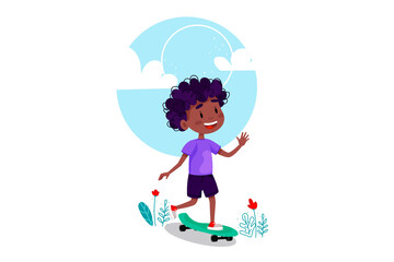 Happy boy riding skateboard outside. Summer holidays outdoor activities for children. Vector illustration on white isolated background.