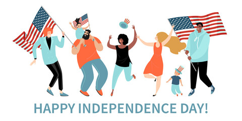 Happy Fourth of July. USA Independence Day greeting banner template with cheerful adults and kids with America flags.