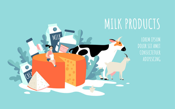 Dairy products conceptual illustration. Template vector illustration with a girl drinking milk sitting on a huge cheese.
