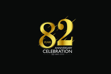 82 year minimalist logo years, jubilee, greeting card. Birthday invitation. Sign Gold space vector illustration on black background - Vector