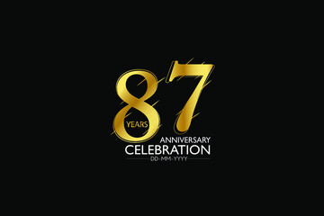 87 year minimalist logo years, jubilee, greeting card. Birthday invitation. Sign Gold space vector illustration on black background - Vector