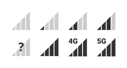 Signal strength indicator set, mobile phone bar status black icon. No signal symbol, 4g and 5g network connection level sign. Vector illustration for web, app, design interface - obrazy, fototapety, plakaty
