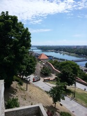 Naklejka premium Bratislava view of the fortress and the river Danube with a bridge from the hill