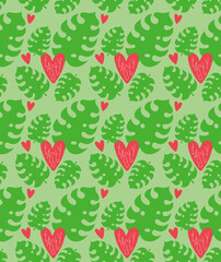 Bright seamless pattern, monstera leaves and hearts in scandinavian style. Unique hand drawn background. Modern vector illustration.